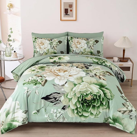 Khaki Comforter Set King Size 7 Pieces Floral Bed in a Bag Taupe Flower Green Leaves Bed Comforter Set Soft Bedding Sets for All Season with Flat Sheet, Fitted Sheets, Pillowcases & Shams