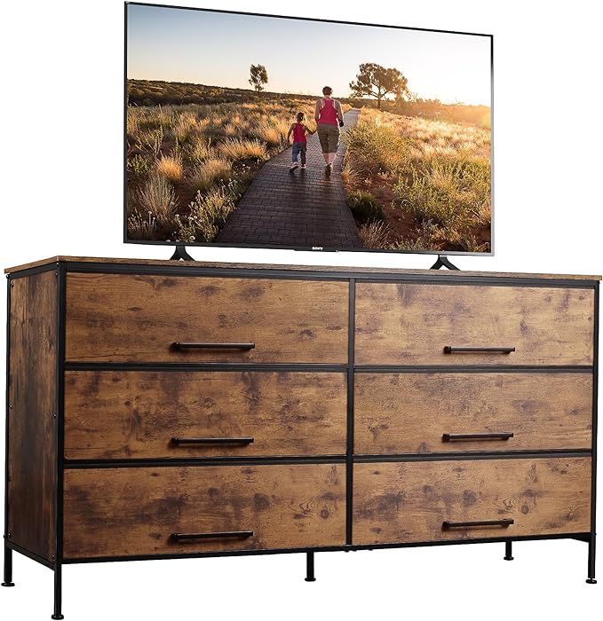 Dresser with 6 Drawers, TV Stand for 50" TV, Entertainment Center with Metal Frame