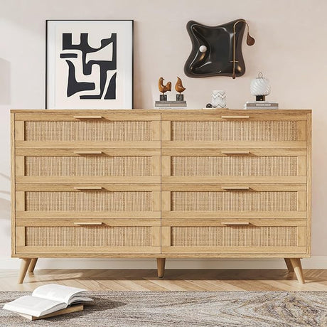 8 Drawer Double Dresser for Bedroom, Rattan Chest of Dressers, Modern Wooden