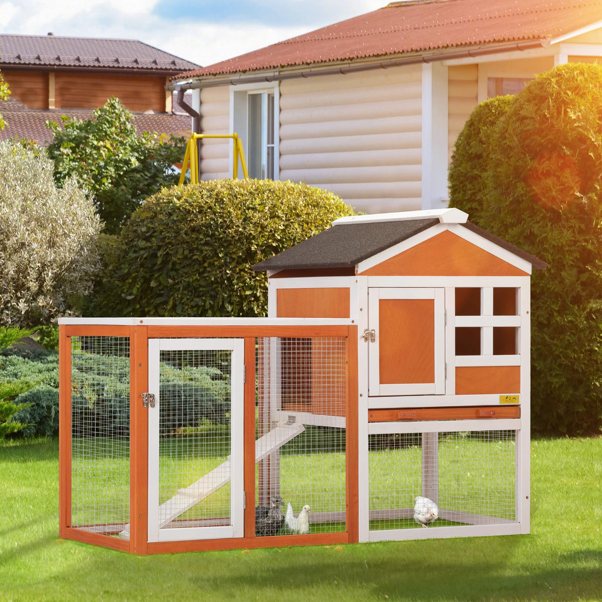 Wooden Rabbit Hutch Outdoor Indoor, 2-Floor Large Bunny Cage