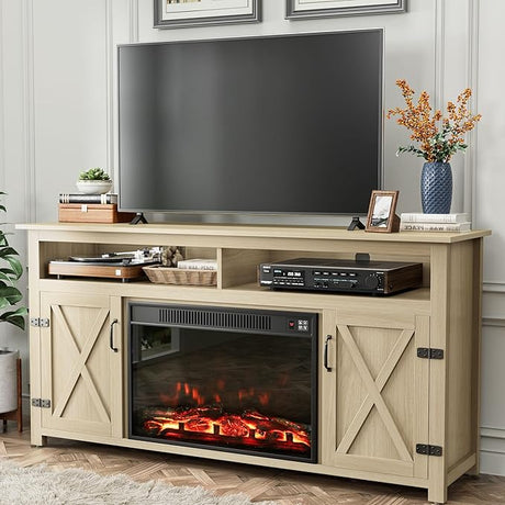 Fireplace TV Stand for Television up to 65+ Inch with Storage and Farmhouse Barn Doors