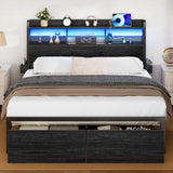 Queen Bed Frame with Wood Headboard and Storage Shelf, Metal Platform Bed Frame