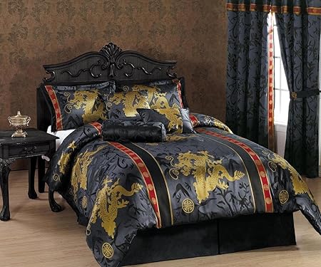 Dynasty Jacquard 7-Piece Comforter Set Black/Red (Queen)