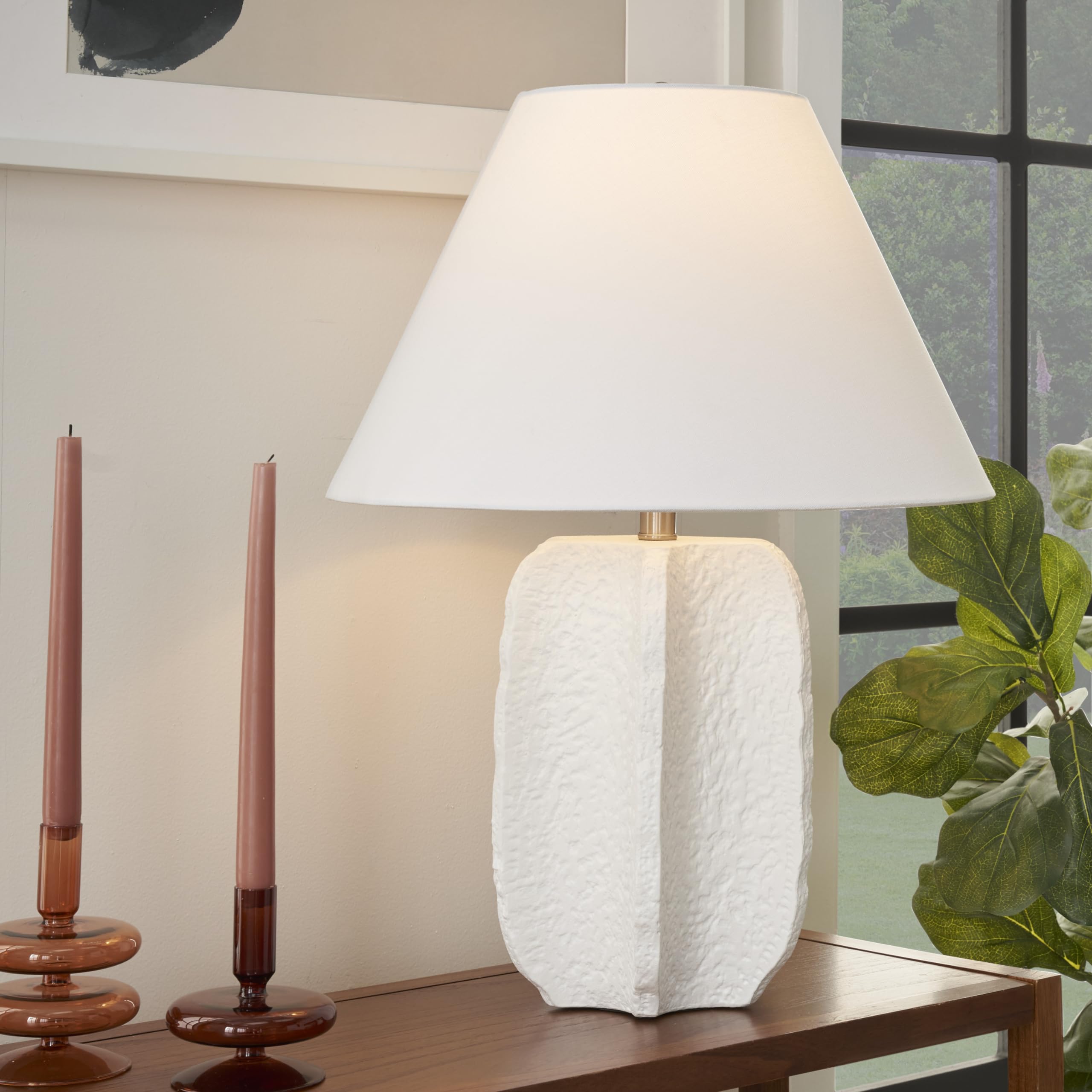 25" White Textured Ceramic Plaster Table Lamp for Bedroom, Living Room