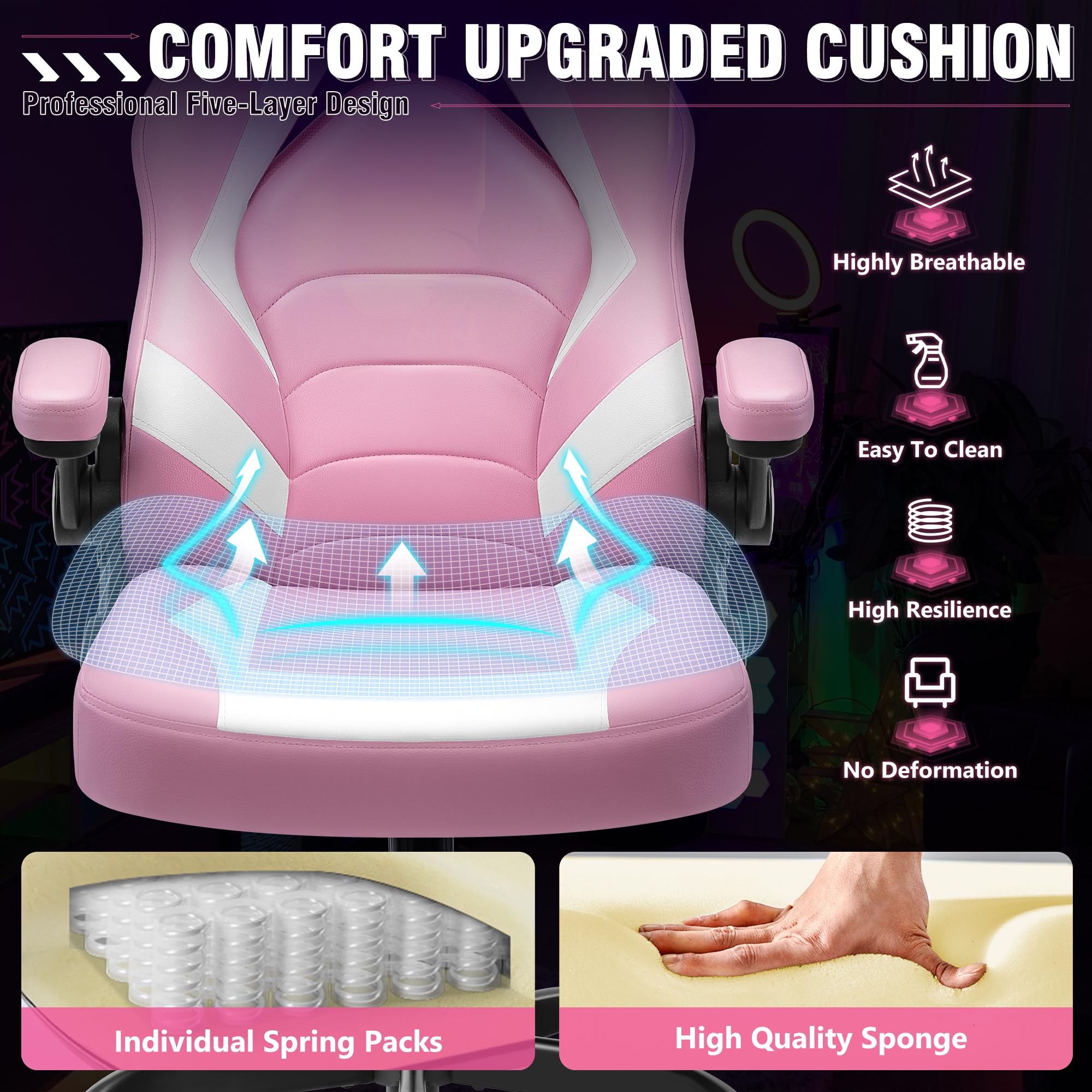 Ergonomic Gaming Chair with Lumbar Support - Pink Leather High-Back Office Chair