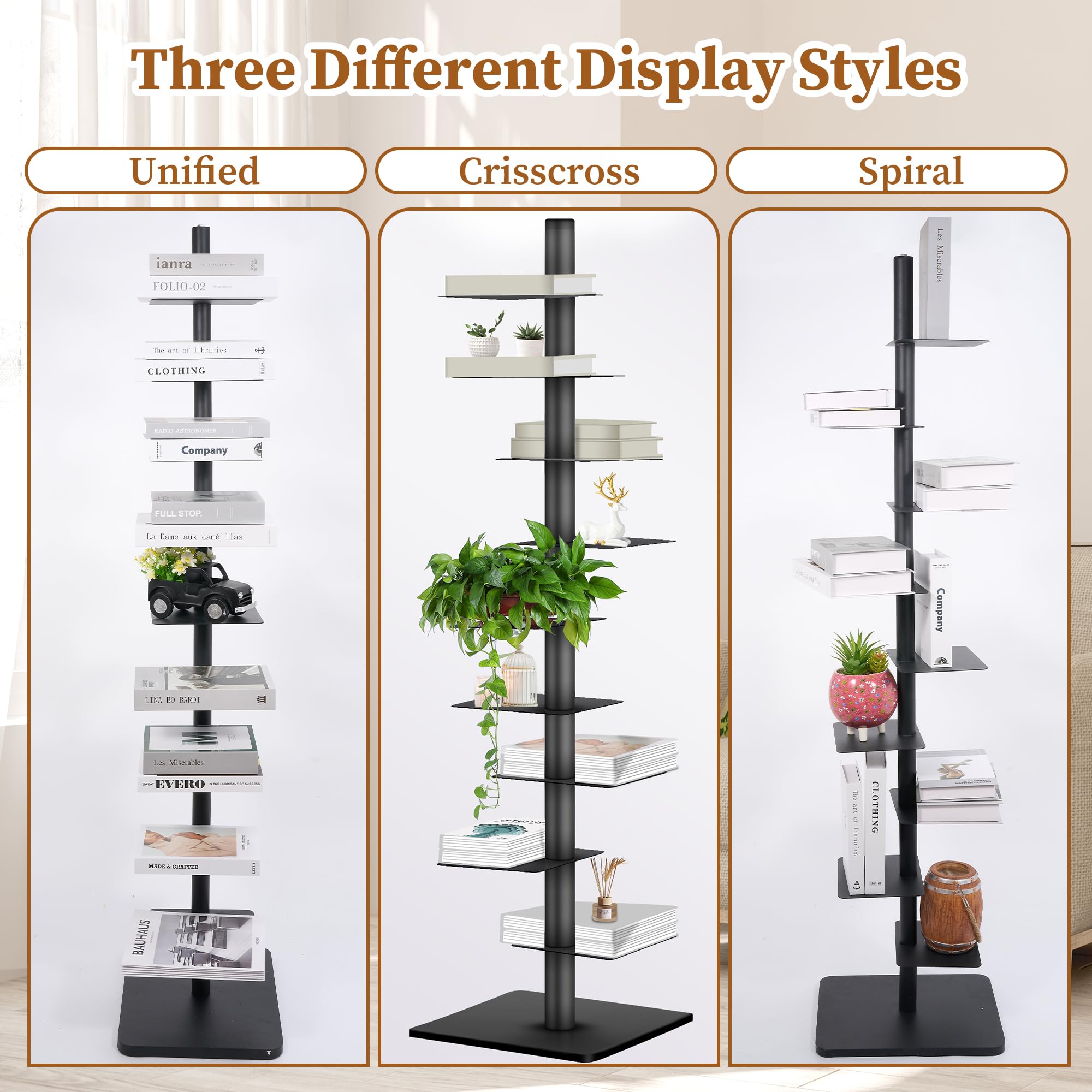 Metal Vertical Bookshelf Tower, Freestanding Invisible Spine Bookshelf, Tall Ladder Bookcase Floating Shelf for Small Spaces, Modern Storage Corner Shelf for Living Room, Office, Bedroom Decor