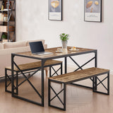 Kitchen Table with 2 Benches for 6,Wood Dining Room Dinette Sets with Metal Frame