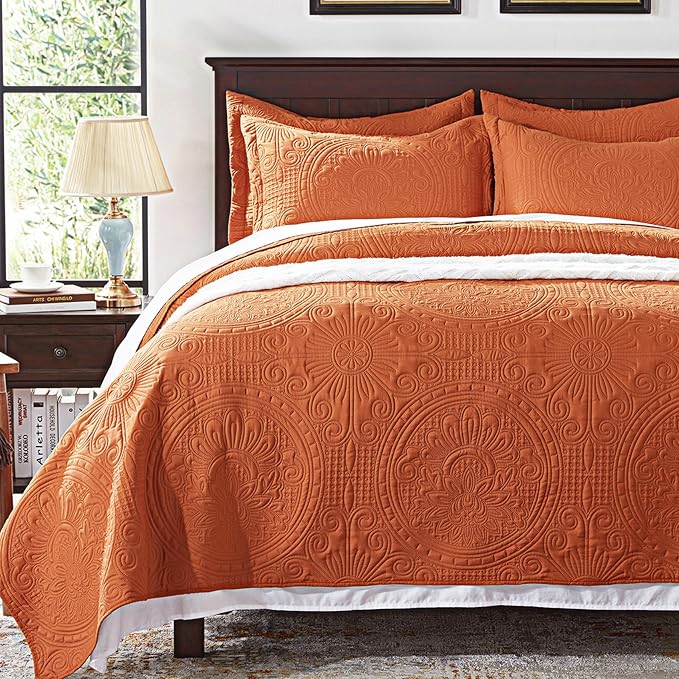 Quilt King Size Bedding Set-Olive Green Embossed, Bedspreads-Lightweight Summer Soft