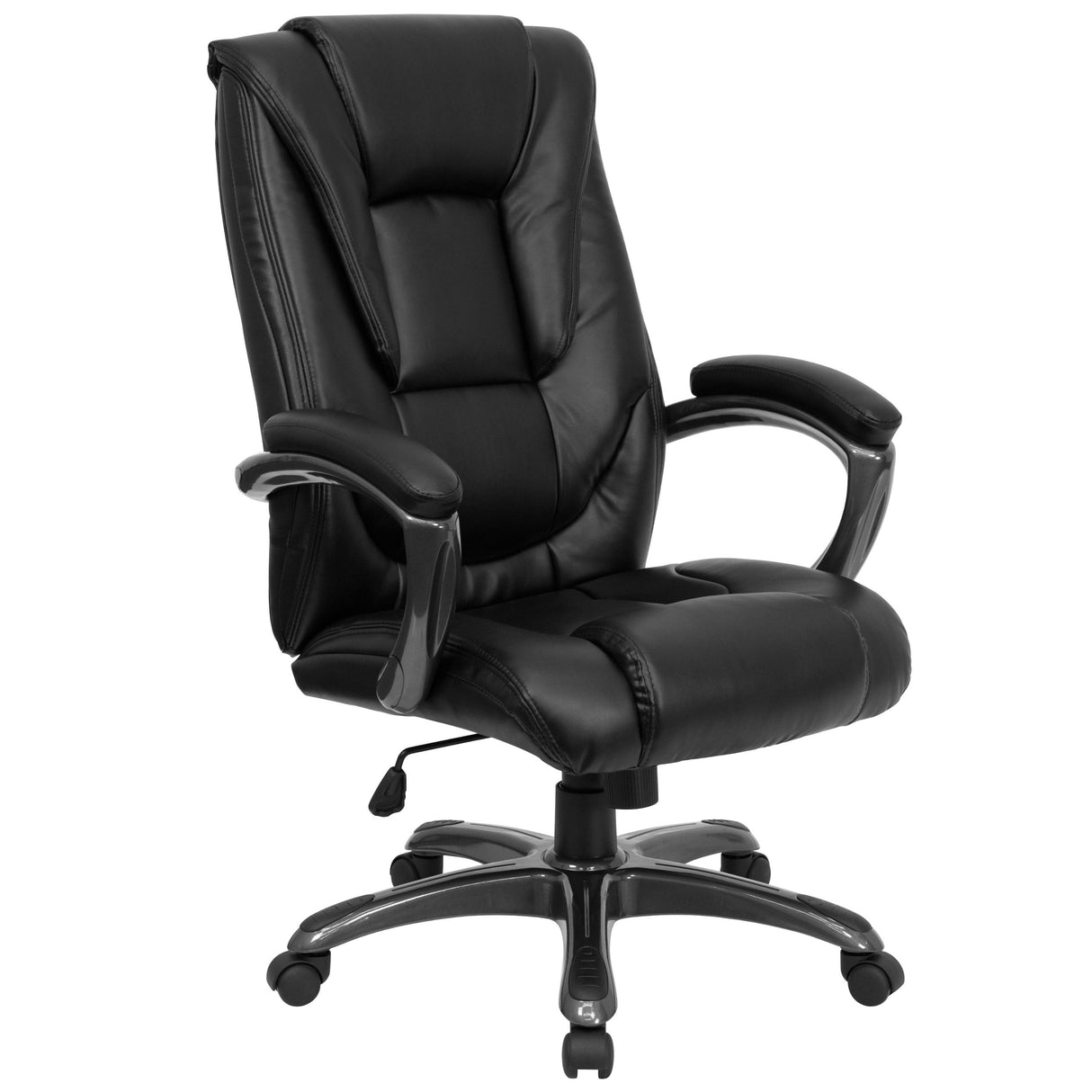 Flash Furniture Oma High Back Black LeatherSoft Layered Upholstered Executive Swivel Ergonomic Office Chair with Smoke Metal Base and Arms