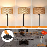 Lamps for Living Room, Rattan Boho Floor Lamp, Black Metal Floor Lamp with LED Bulb,