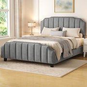 Grey Queen Upholstered Platform Bed Frame with Tall Tufted Headboard