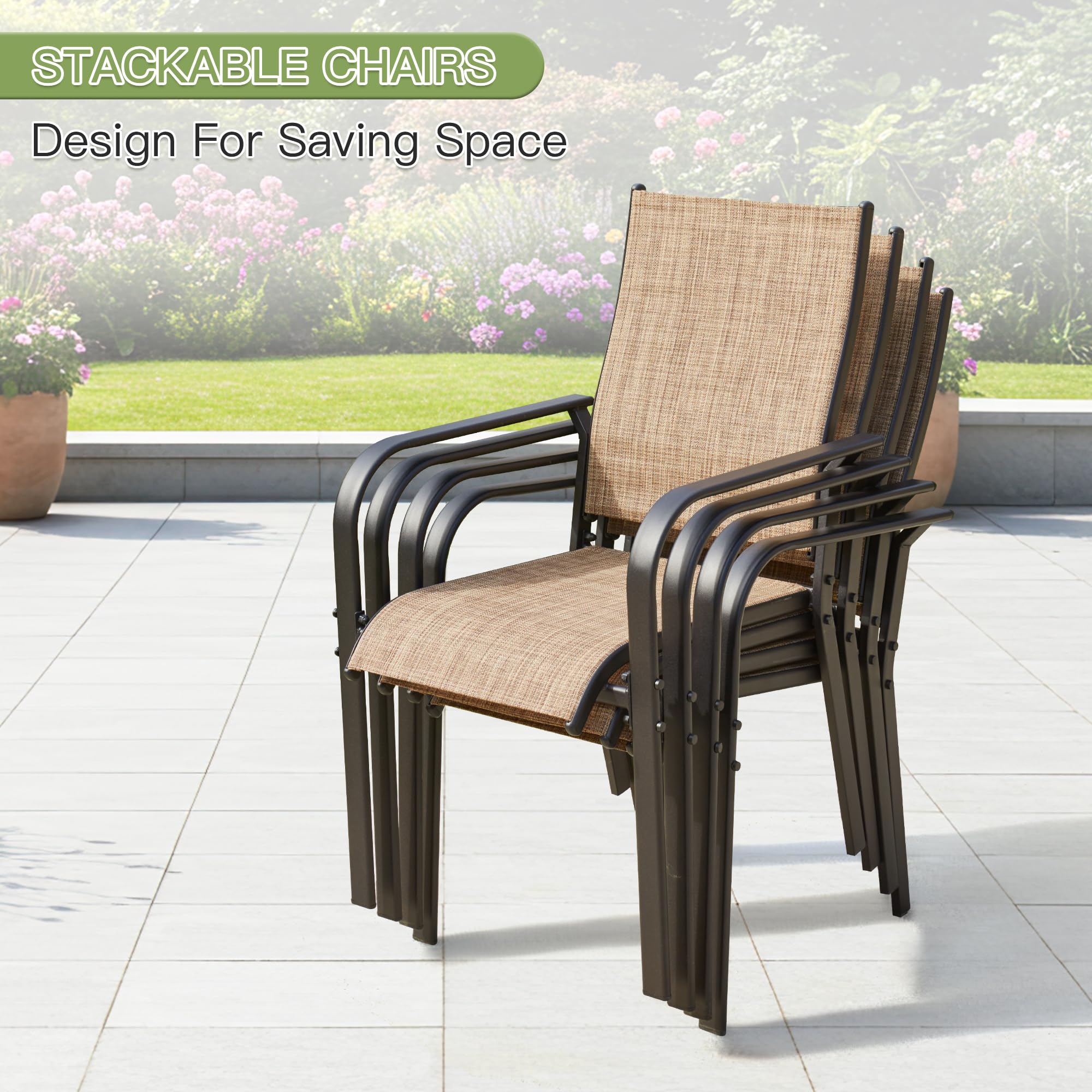 7-Piece Outdoor Patio Dining Set - 6 Stackable Texlin Sling Chairs & 63" Rustproof Steel Table, Weatherproof Low-Maintenance Furniture for Backyard/Balcony/Poolside, Includes 1.57"-1.97" Umbrella Hole