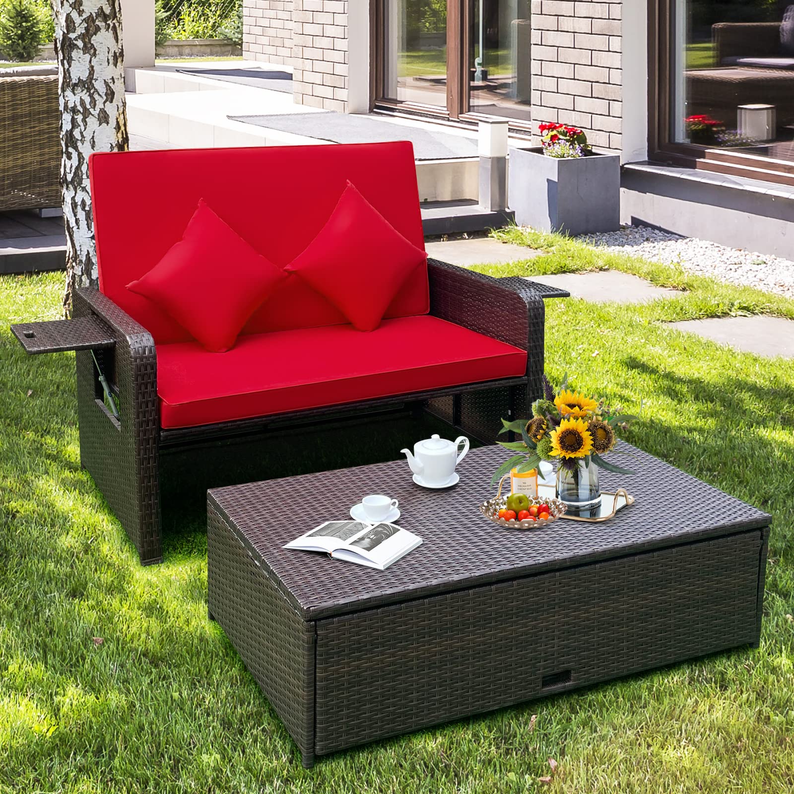 Moccha Outdoor Daybed, Wicker Loveseat Sofa Set with 4-Postion Adjustable Backrest, Storage Ottoman, Cushions, Rattan Double Bed Lounger, Patio Furniture Set (Red)