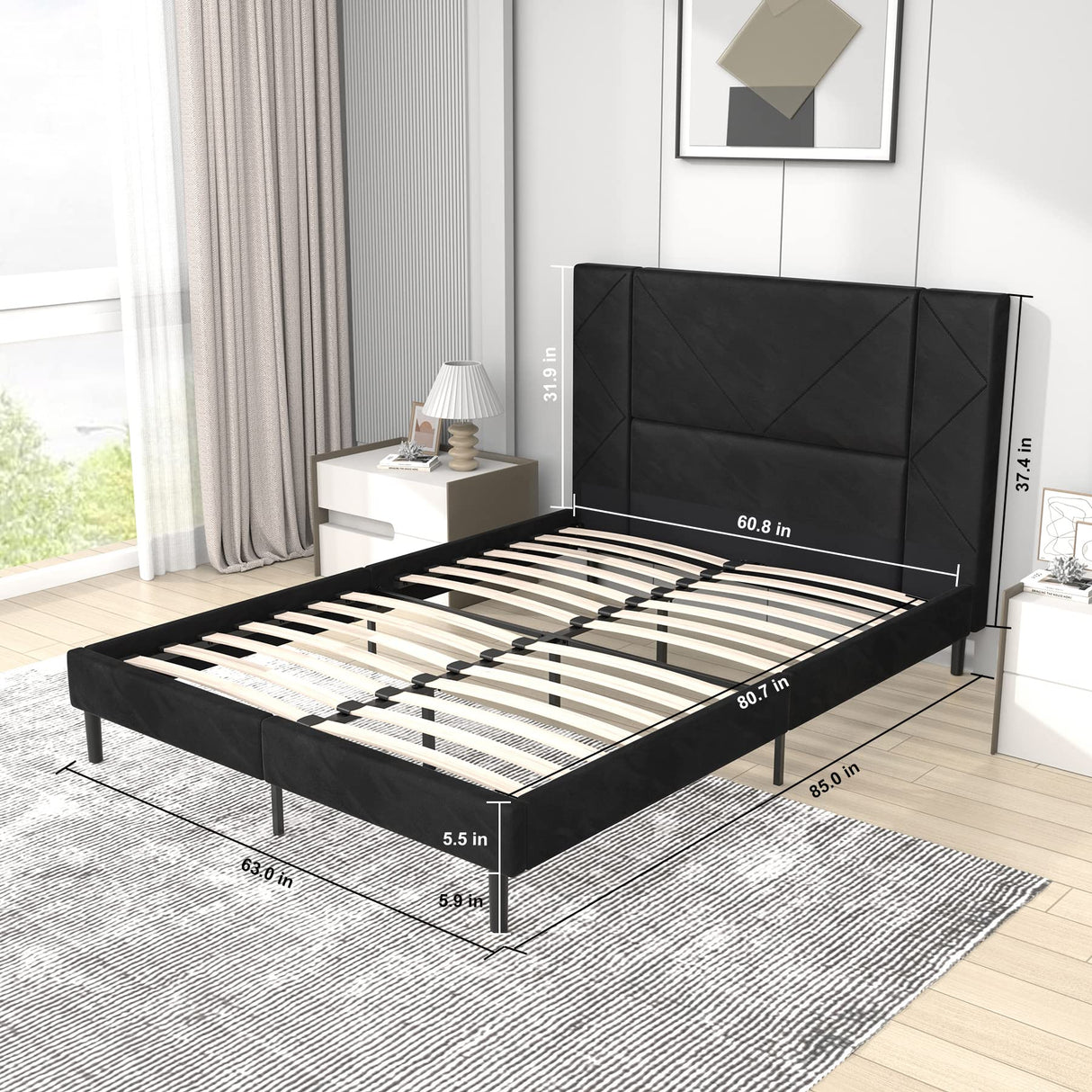 Queen Bed Frame, Velvet Upholstered Bed Frame Queen Size with Headboard, Mattress