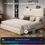 King Size Bed Frame with LED Lights & USB Charging Station, Velvet Upholstered Platform