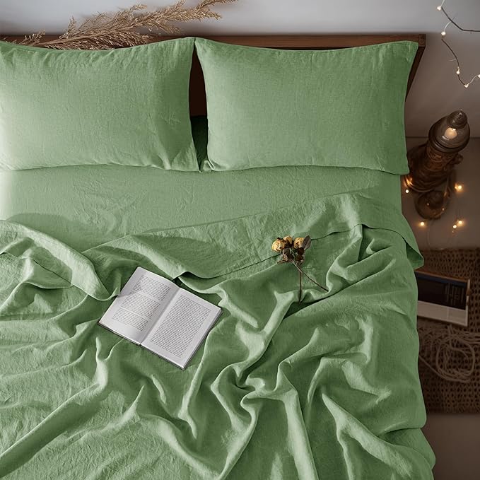 LBR02M 100% Linen Sheet Set King Size,Bed Sheets 4 Piece Sets, Solid Color Natural Flax Bed Sheets Soft Breathable Bedding,16" Deep Pocket,All Season (King, Linen)