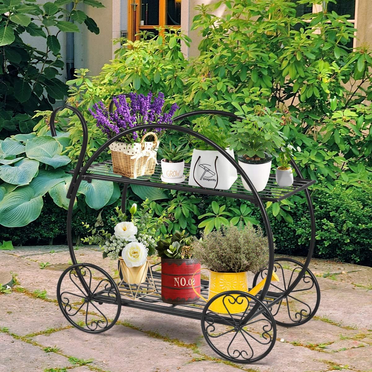 Garden Cart Metal Plant Stand with 4 Decorative Wheels, Succulent