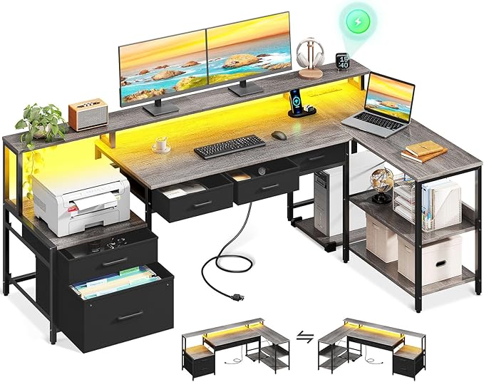 L Shaped Desk with 5 File Drawers, 66" Reversible L Shaped Computer Desk