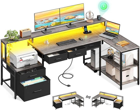 L Shaped Desk with 5 File Drawers, 66" Reversible L Shaped Computer Desk