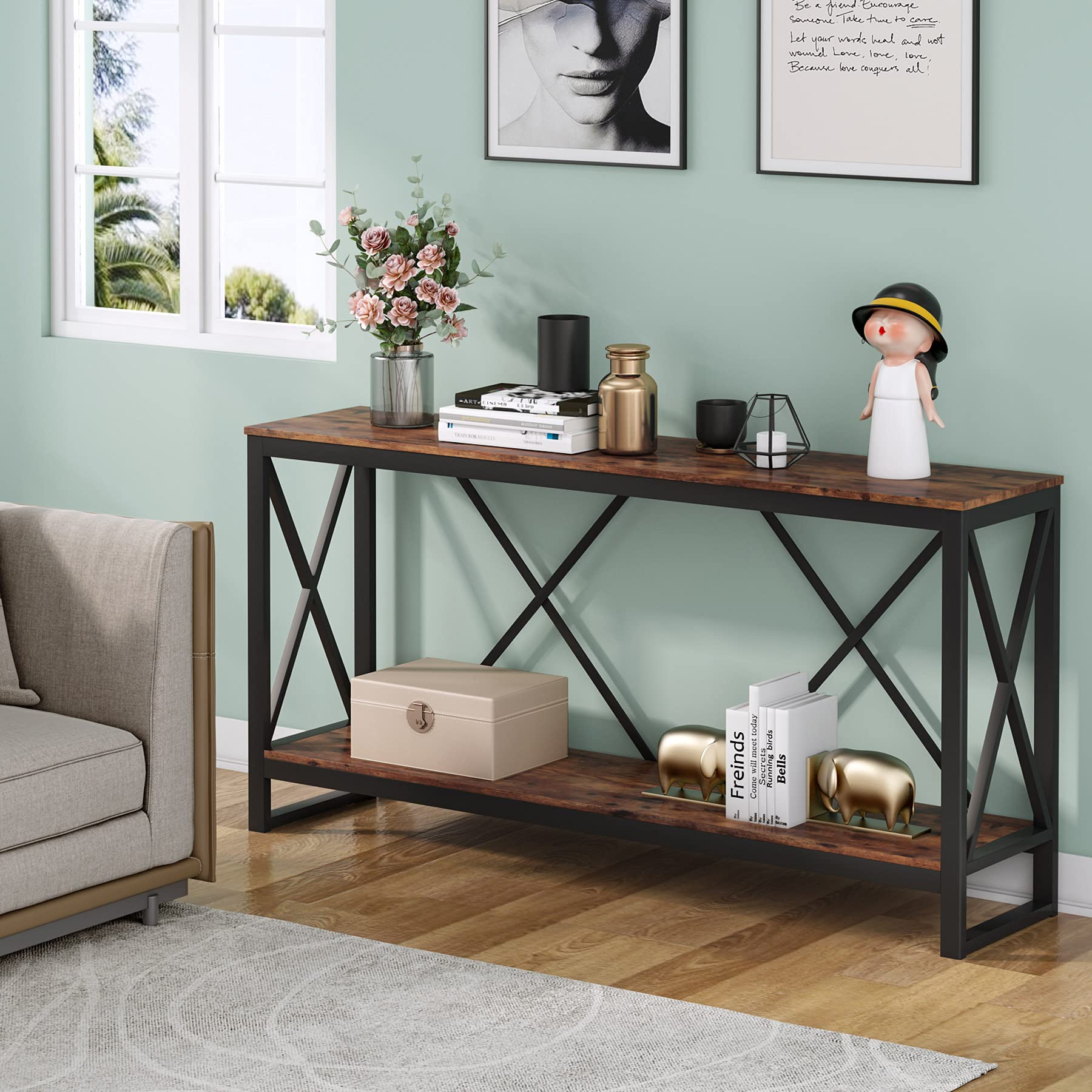 70.9 Inch Extra Long Console Table, Industrial Narrow Sofa Entry Behind Couch with Open Storage Shelf.