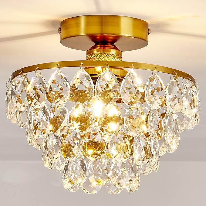 Modern E26 Small Crystal Chandelier Semi Flush Mount Ceiling Light Fixture Silver