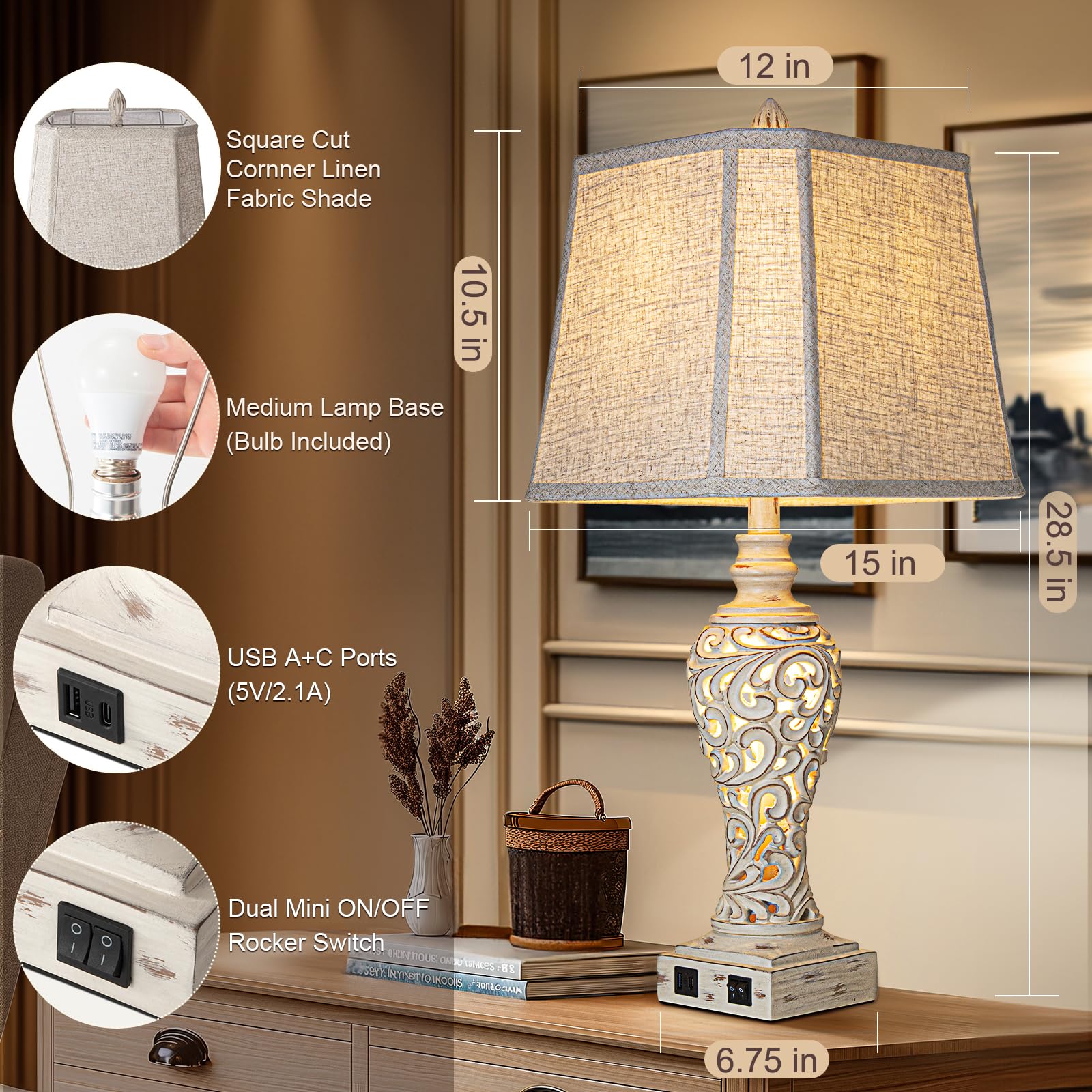 27'' High Vintage Table Lamp Set of 2 for Living Room Farmhouse Bedside Lamp with Fabric Shades Boho Nightstand Lamp with USB and Nightlight for Bedroom Home Office Hotel Bar (Led Bulb Included)
