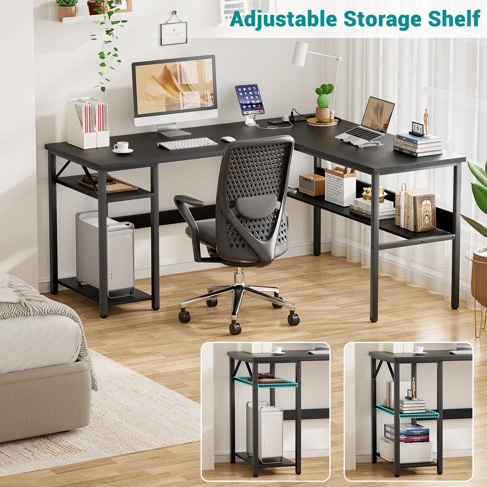 Reversible L Shaped Computer Desk with Power Outlets and USB Charging Ports