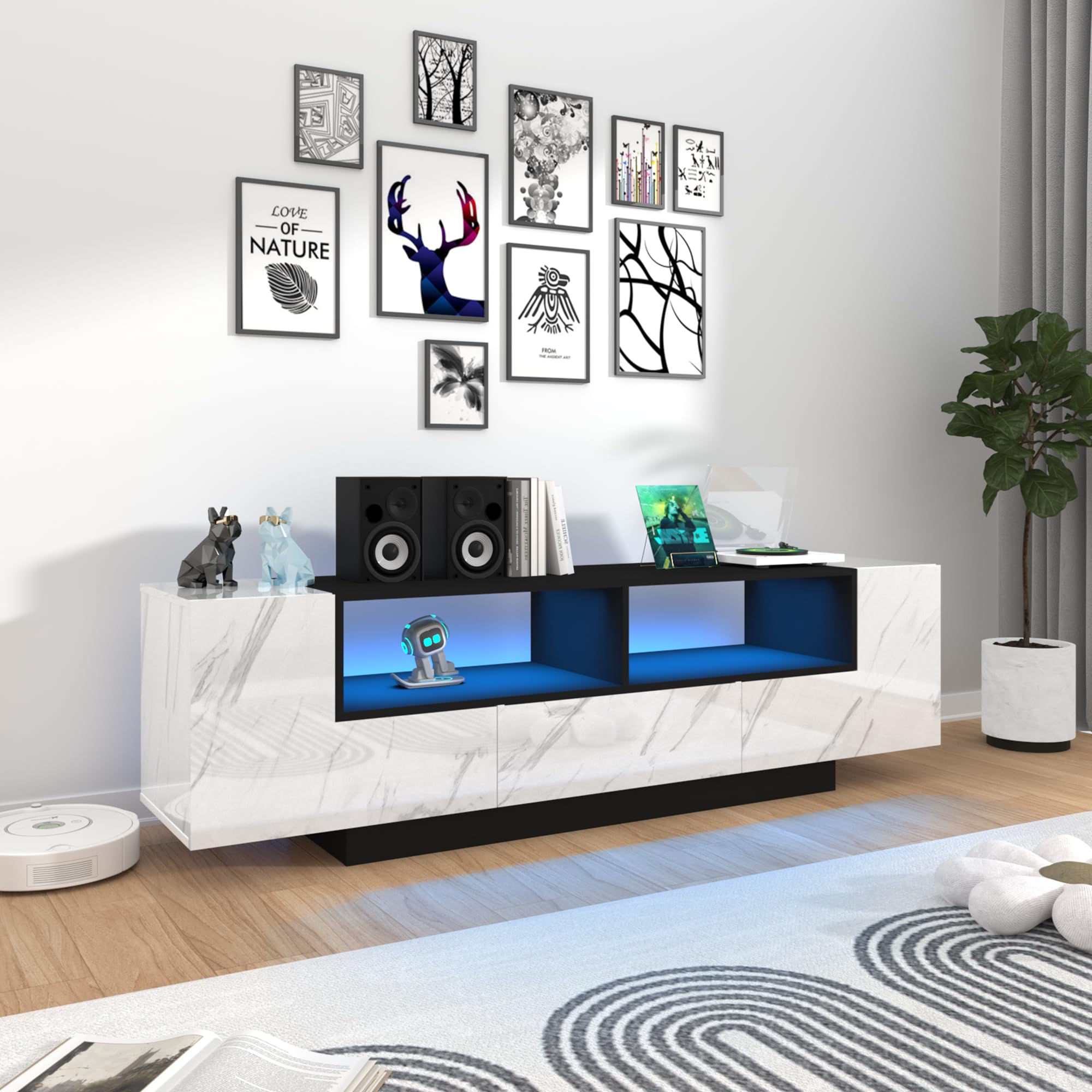 70in White TV Stand for 75/80 inch TV,Modern LED TV Stand,High Gloss Entertainment
