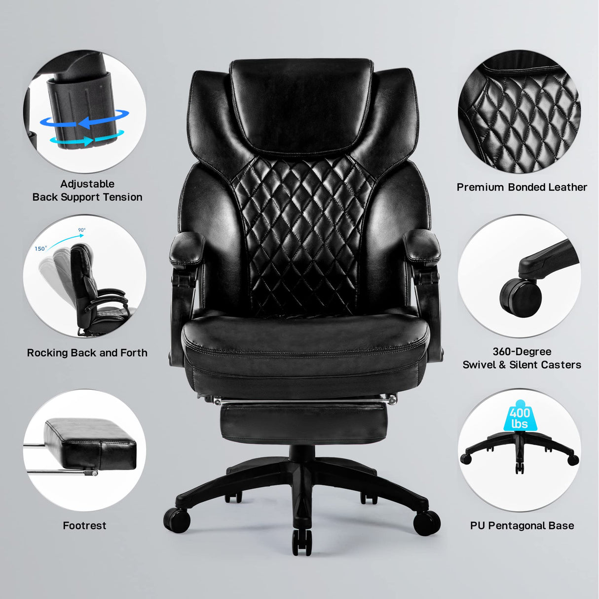 High Back Big & Tall 400lb Office Chair with Footrest Bonded Leather