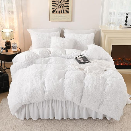 Black Fluffy Comforter King Size, Luxury Plush Faux Fur Bedding Set for King Bed,