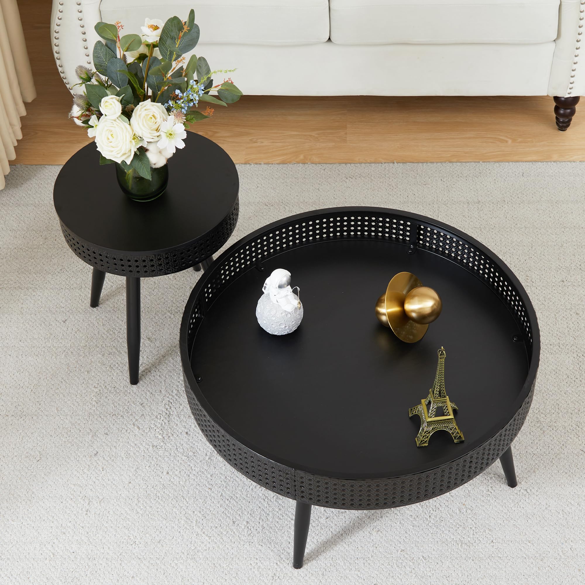 Modern Farmhouse Round End Table Set of 2,Iron Rattan Coffee Table