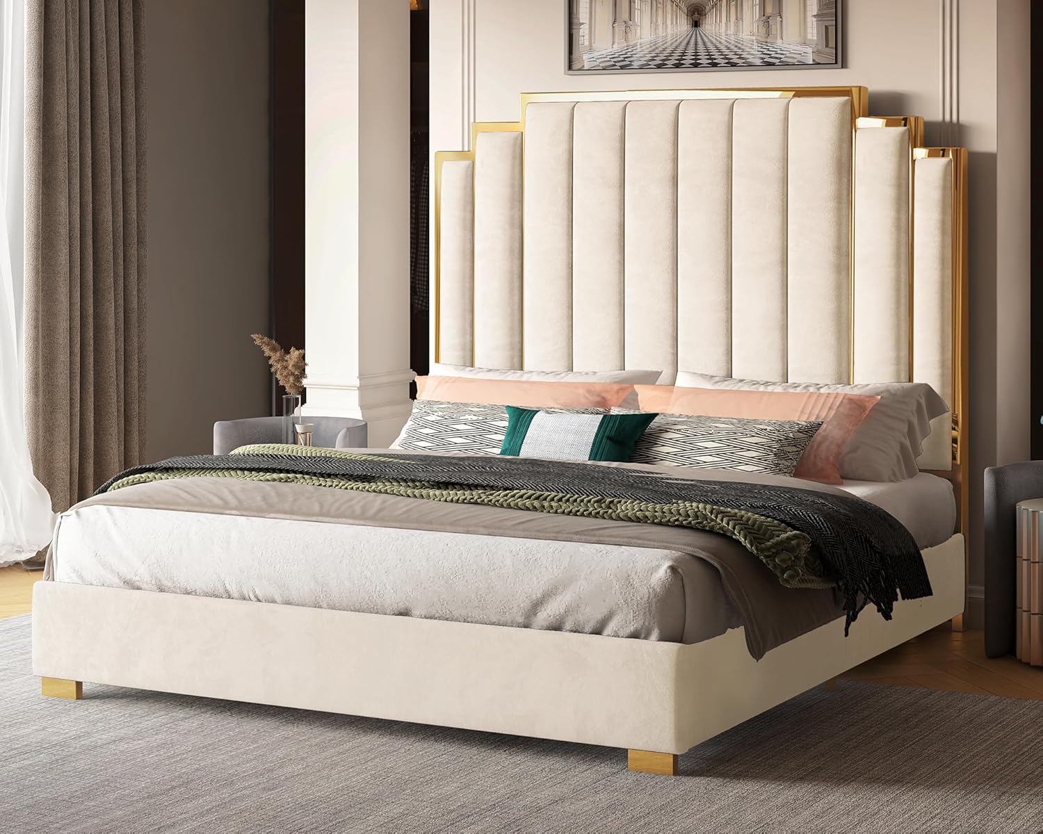 California King Platform Bed Frame - 65" Velvet Upholstered with Gold Trim