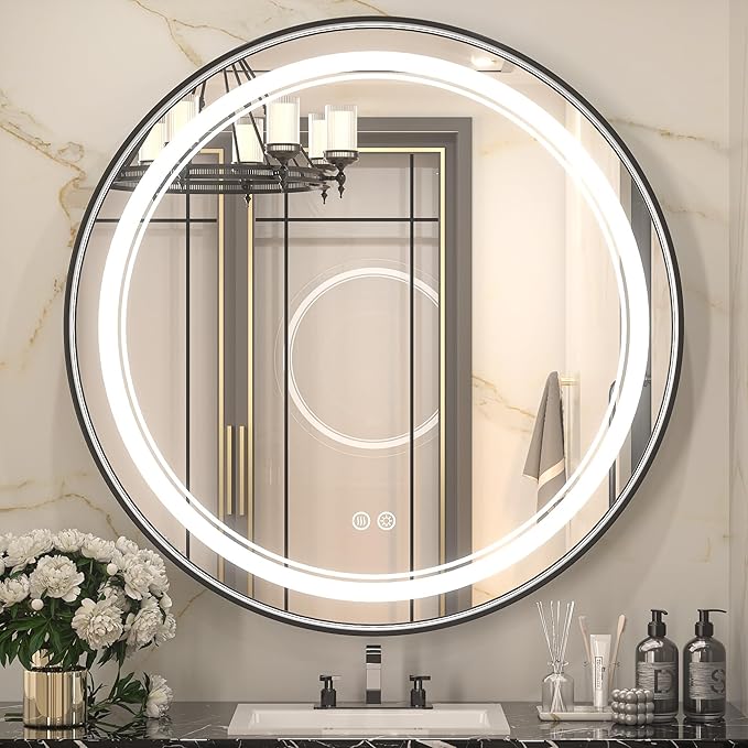 36 Inch LED Black Framed Round Mirror for Bathroom with Lights Wall Mounted Vanity