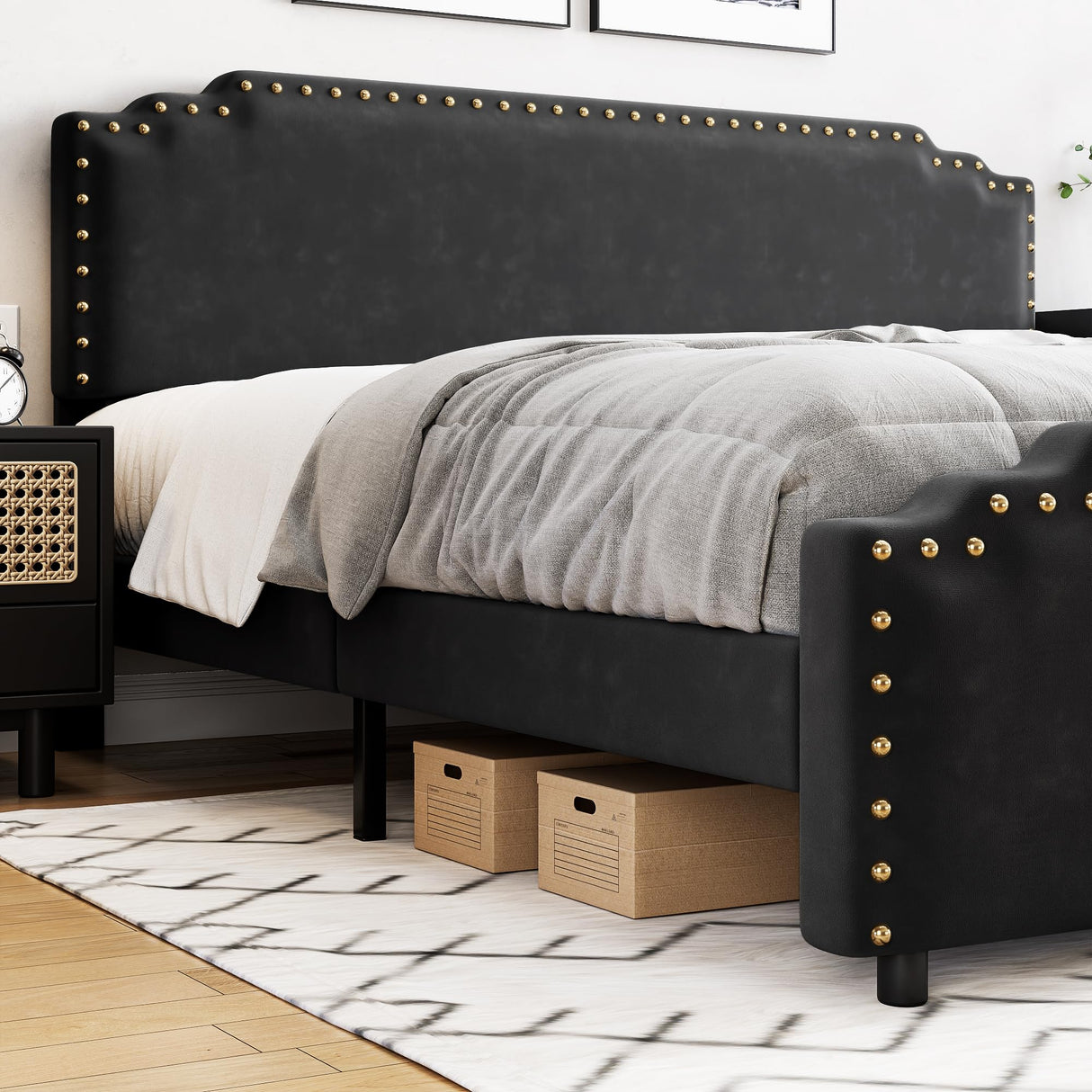 Queen Size Bed Frame with Headboard, Velvet Upholstered Platform Bed with Rivet Decor