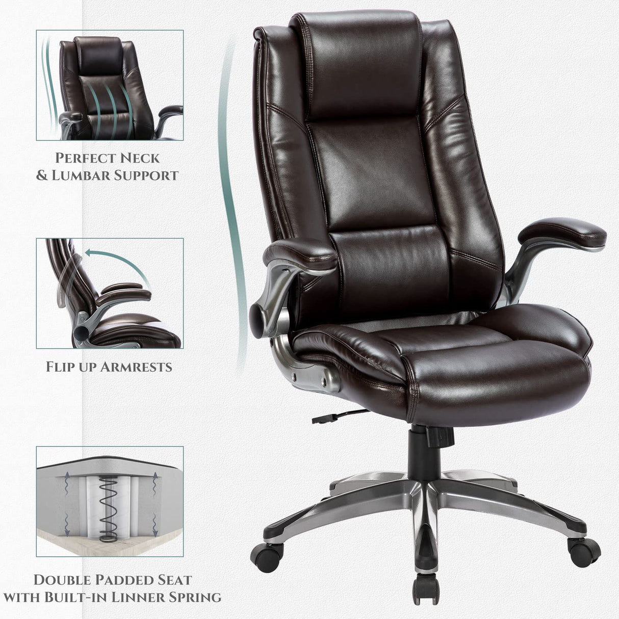 Leather Executive Office Chair - High Back Ergonomic Desk Chair with Flip-Up Arms