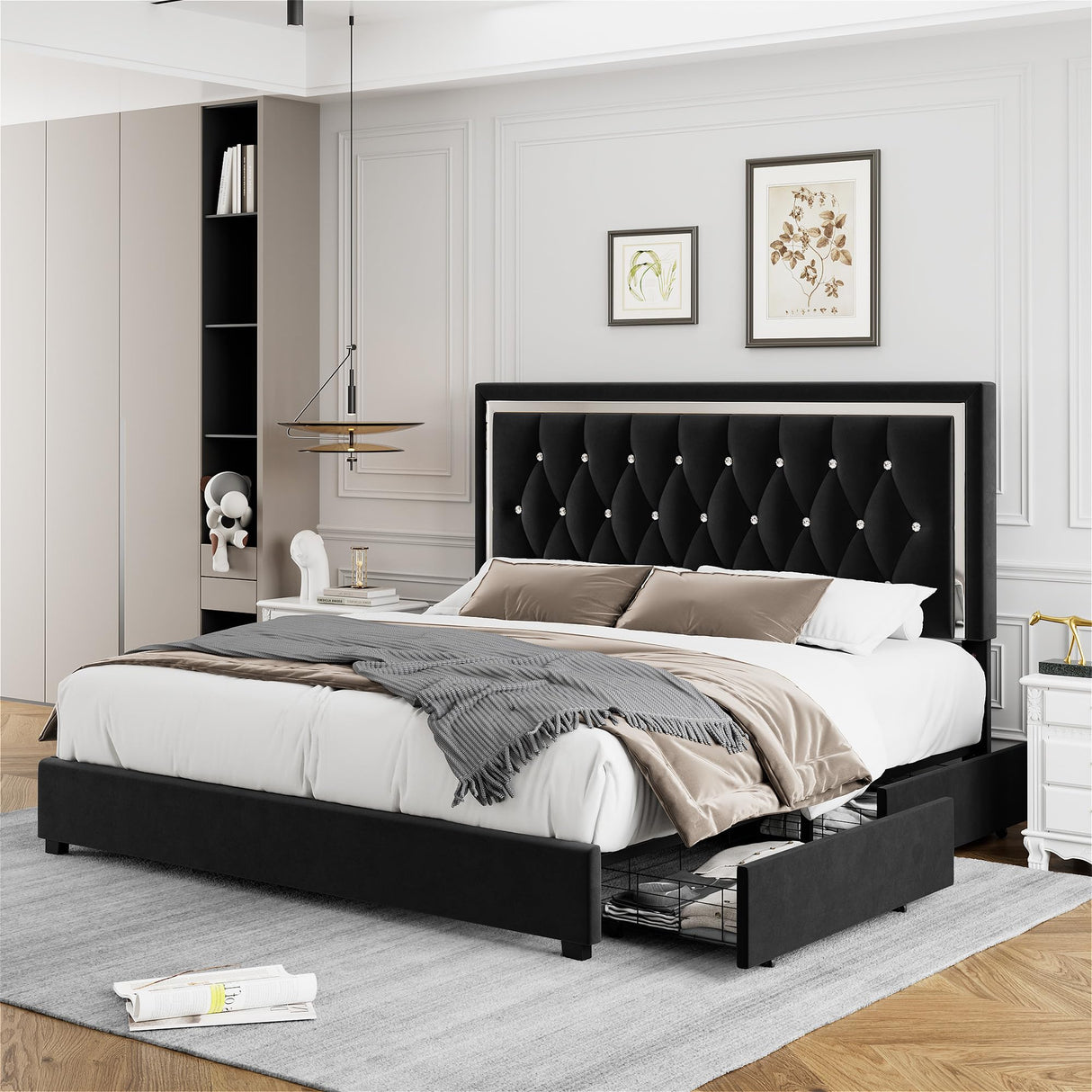 Full Size Bed Frame with 4 Storage Drawers and Adjustable Headboard, Modern