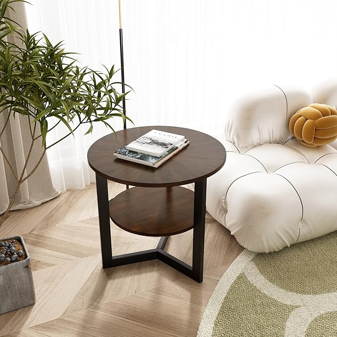 Round Large End Table with 2 tire Storage Shelf, 25.2” Solid Wood Sofa Side Table