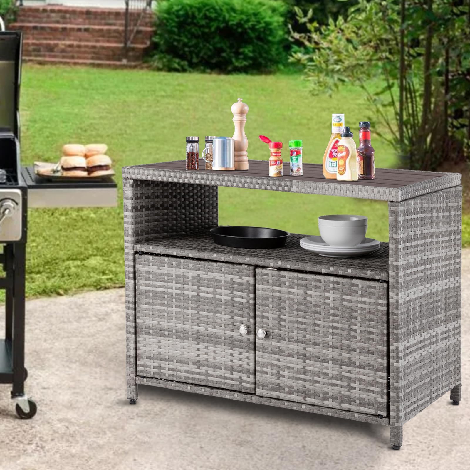 Outdoor Storage Cabinet, Wicker Rattan Storage Cabinet