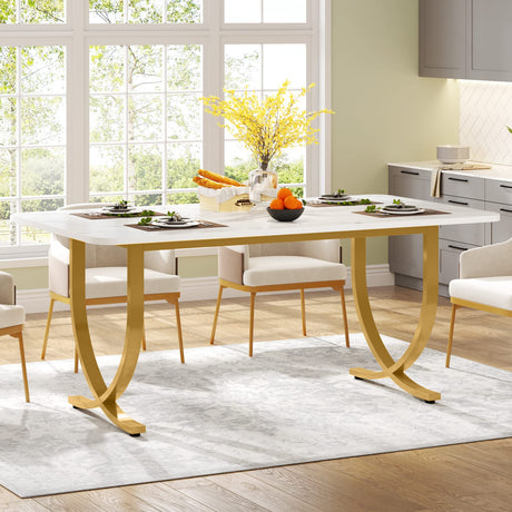 Dining Room Table, Kitchen Table with Faux Marble Table Top and Gold Metal Legs