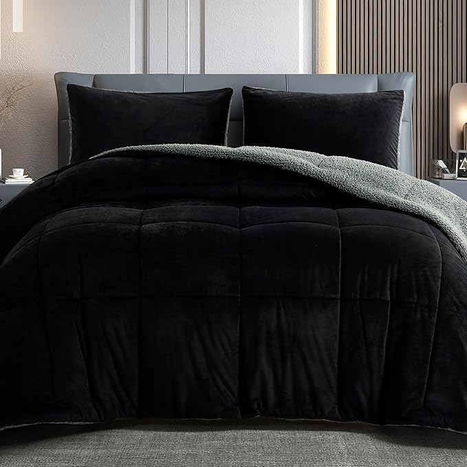 Queen Comforter Set Micromink Sherpa Comforter 3 Piece Ultra Soft Plush Down Alternative Bedding