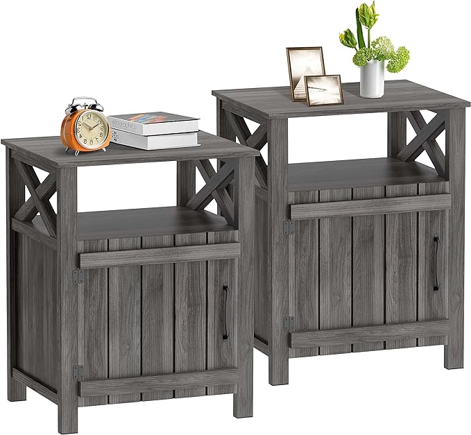 JAHRSTIM Farmhouse Nightstand Set of 2, Side Table, End Table with Barn Door and Shelf, Rustic Farmhouse Nightstands Set, Modern Bed Side Table End Table Night Stand for Bedroom, Living Room