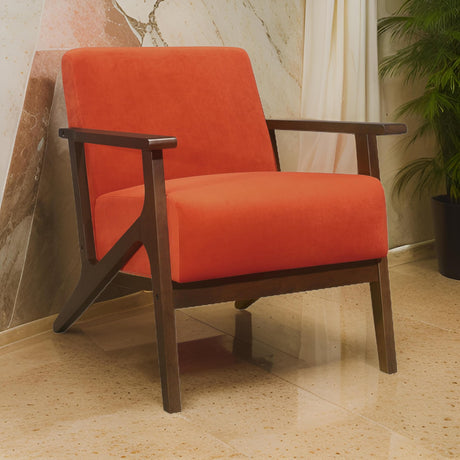 32 Inch Accent Armchair, Soft Velvet, Walnut Solid Wood, Orange and Brown