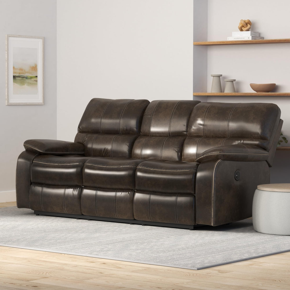 Chocolate Brown 84" Power Sofa with Dual Recliners, Microsuede Upholstery, and USB