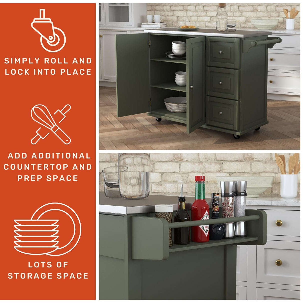 Mobile Kitchen Island Cart with Stainless Steel Top, Sage Green