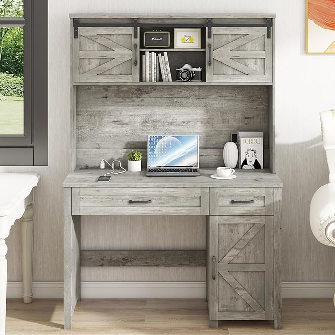 Farmhouse 47" Desk, Executive I-Shape with 3 Drawers, Storage Cabinet, Hutch