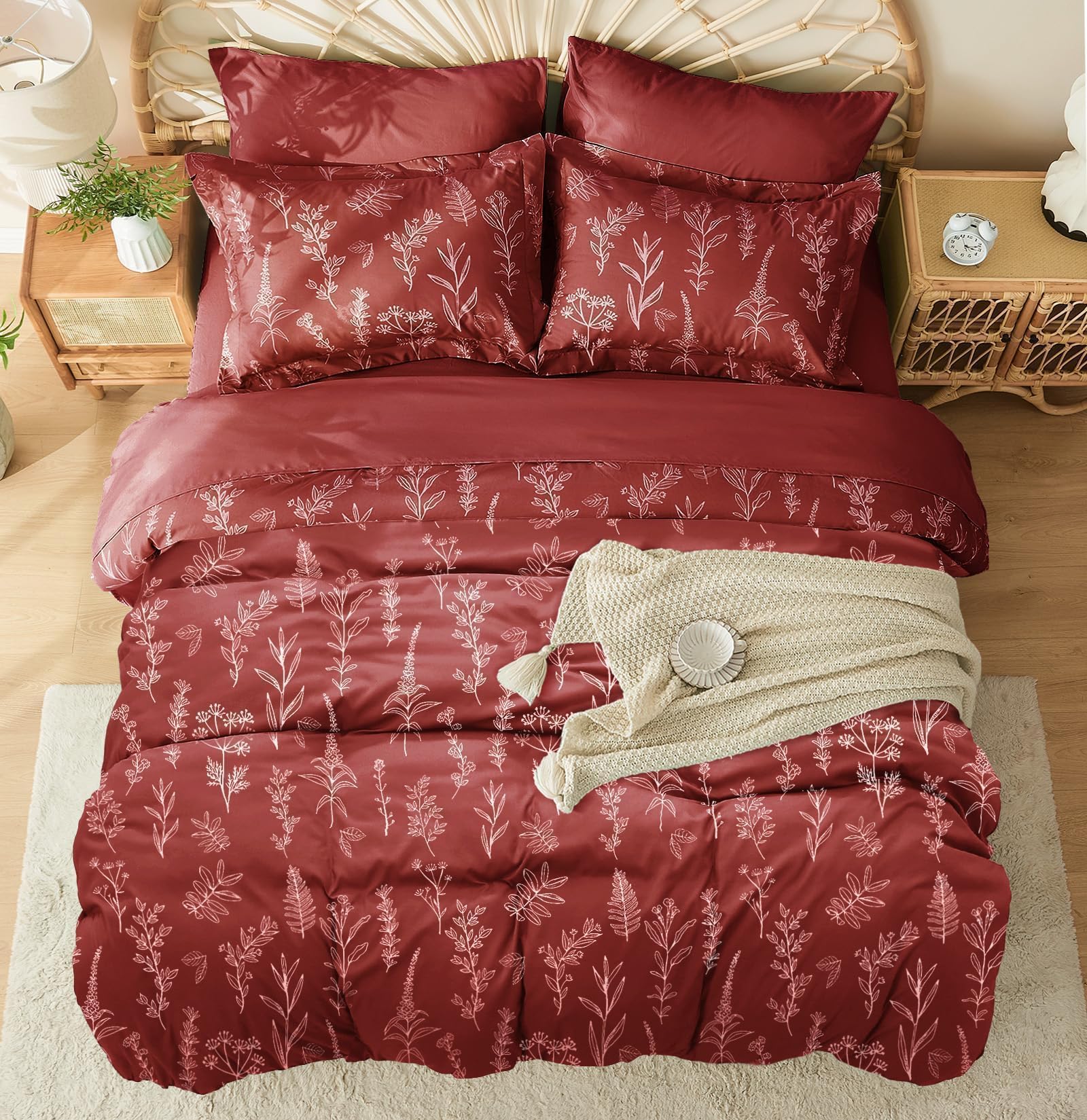 Terracotta Bed in a Bag Queen 7 Pieces, Queen Comforter Set Reversible Botanical Flowers Design,