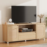 Boho TV Stand for 65 inch TV, Rattan Entertainment Center with Doors and Adjustable