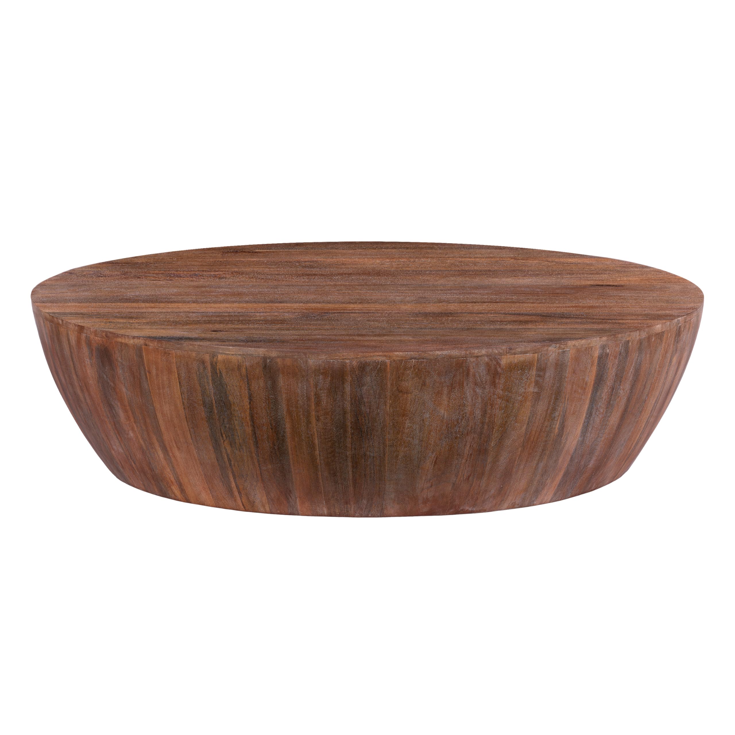 Handcarved Drum Shape Round Top Mango Wood Distressed Wooden Coffee Table