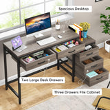 Computer Desk with 5 Drawers, Home Office Desks with Reversible Drawer Cabinet Printer