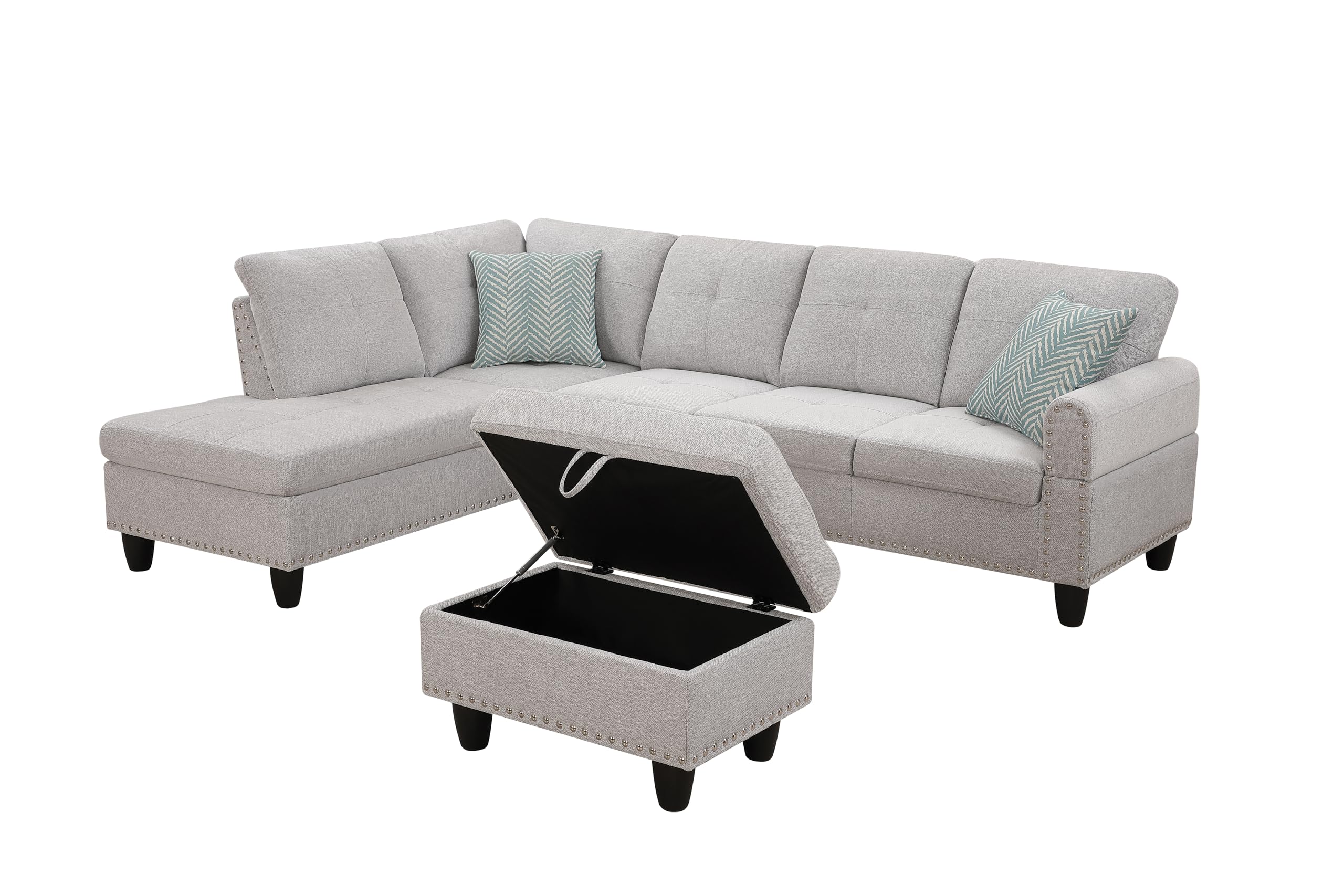 Shaped Sectional Couch with Storage Ottoman and 2 Cup Holders